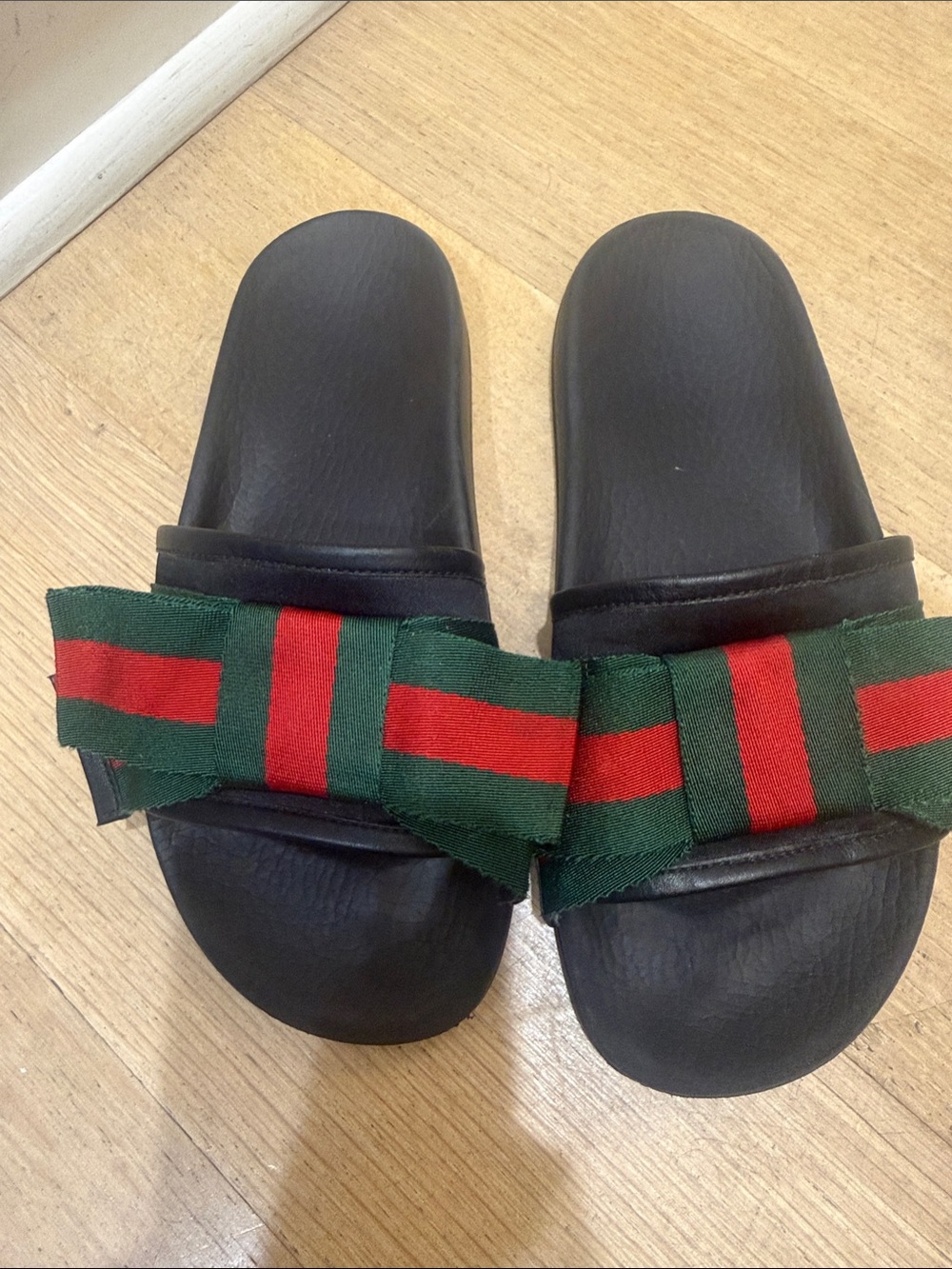Gucci Black Slide Sandals with Green & Red Bow Accent